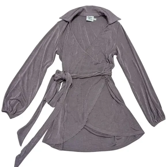 Princess Polly Party Time Collared Wrap Dress Purple 0 Balloon‎ Sleeve Shimmery - Picture 3 of 6